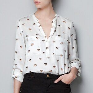 Zara Ivory Blouse Jack Russell Print - Size S